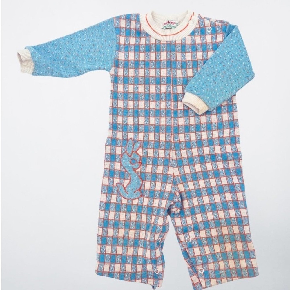 Vintage Health-Tex Stantogs Baby Romper 12 Months Blue Orange Check Bunny USA